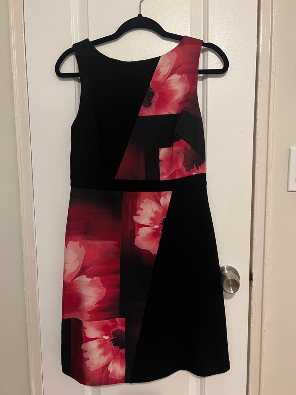 Ellen Tracy Black Midi Dress with Red Floral Panels